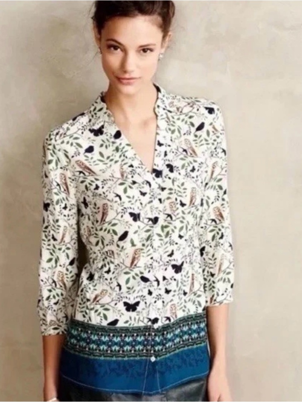 Maeve Anthropologie woodland walk owl collar button up top blouse 4 s small